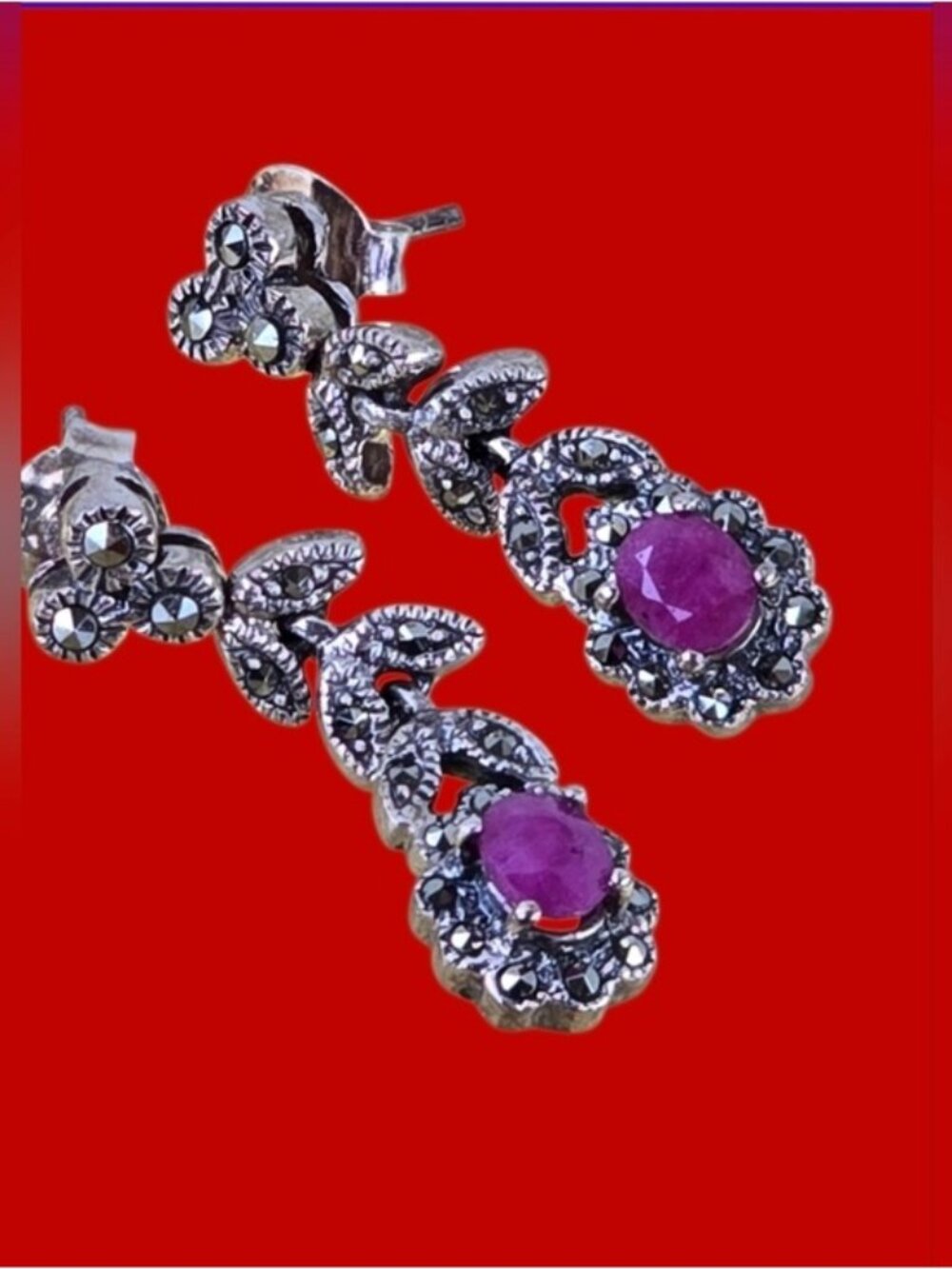 Heated Oval‎ Red Ruby 5x4mm Marcasite 925 Sterling Silver Earrings